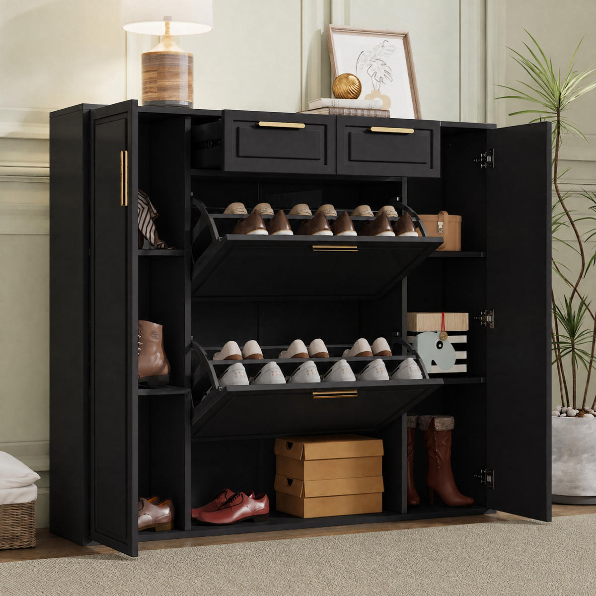 SCHUHSCHRANK Schwarz 120/24/107 cm - Schwarz, Holzwerkstoff (120/107/24cm) - PANGIVO