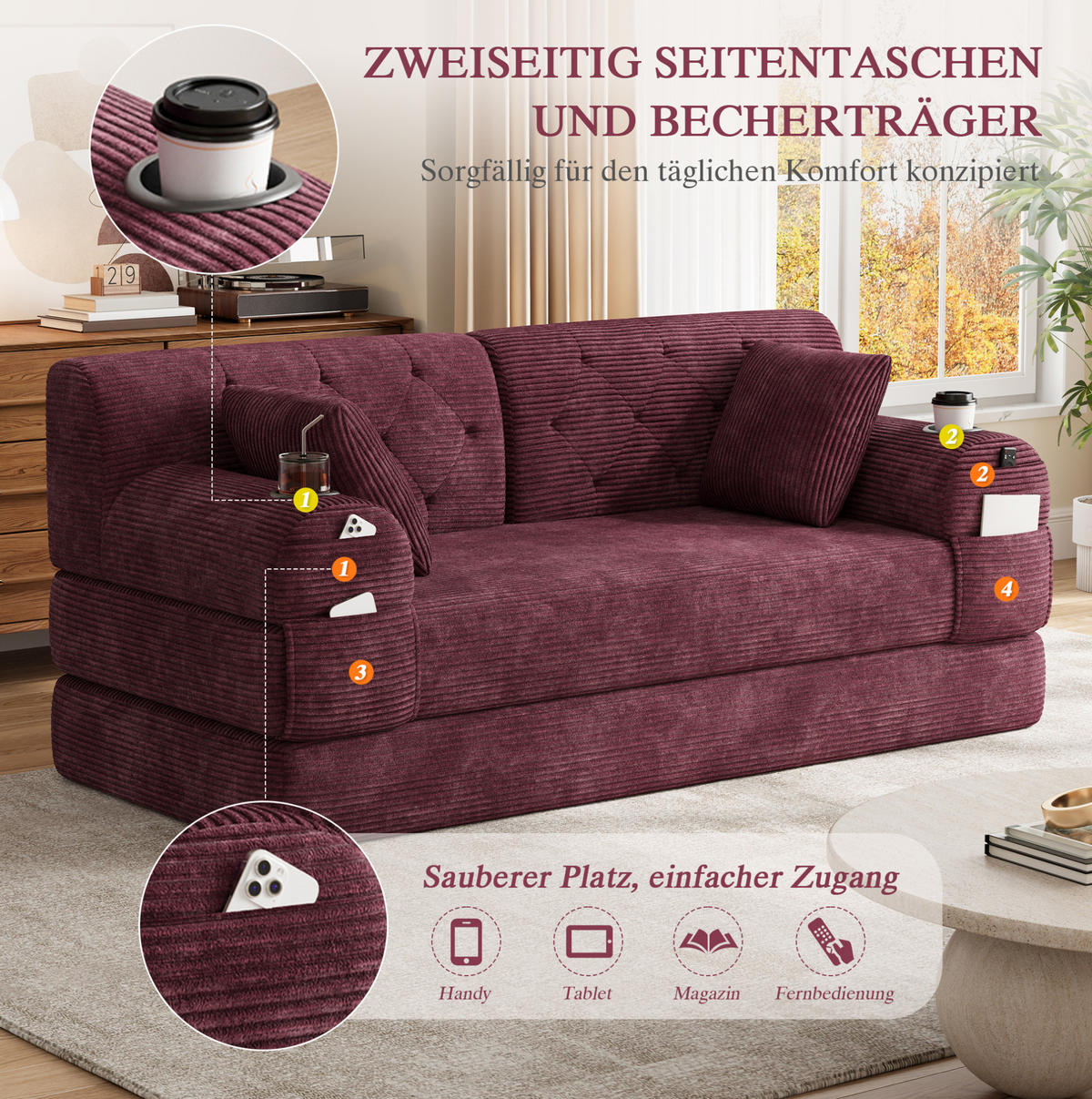 SOFA mit Schlaffunktion, hohe Rückenlehne, 168 x 80 x 81 cm, Cord, Wine Red - Rot, Kunststoff (80/81/168cm) - Meubliv