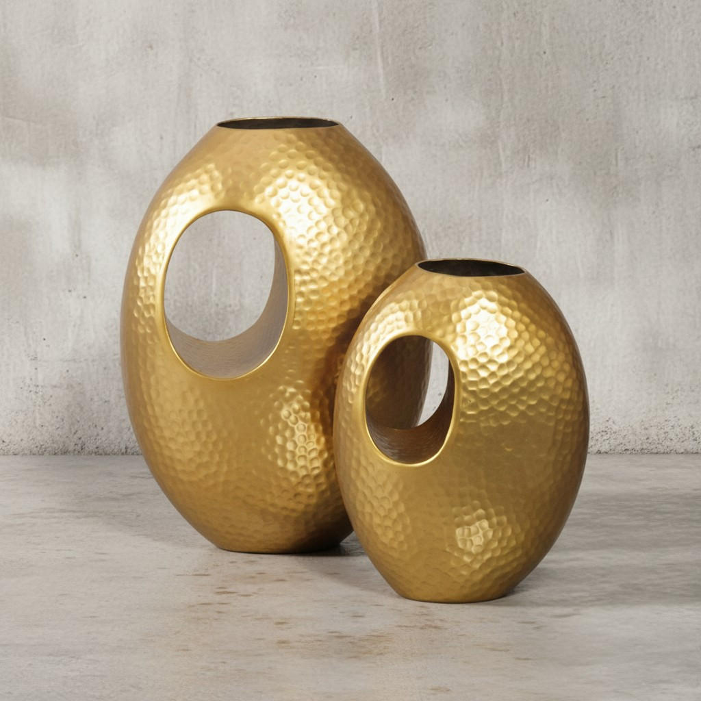 VASE 2er Set Aluminium mit Tragegriff Hammerschlag Modern Handgefertigt, Gold 29x17x39 cm - Goldfarben, Metall (39cm) - KADIMA DESIGN
