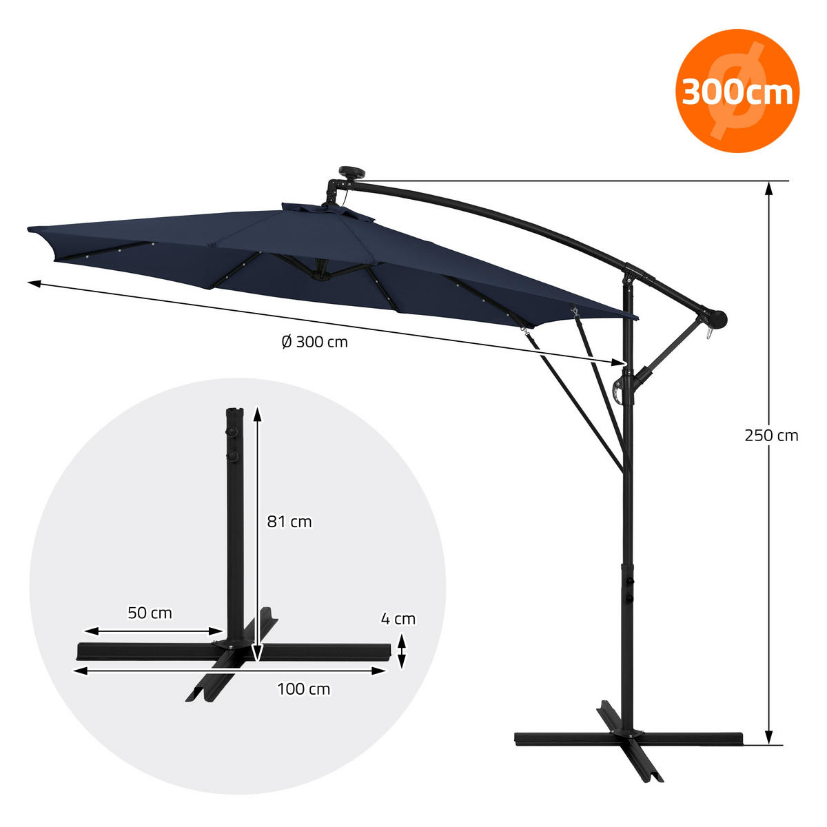AMPELSCHIRM Ø 300 cm in Navy Blau aus Aluminium mit LED-Solar - Blau, Metall (300/300cm) - ML-DESIGN