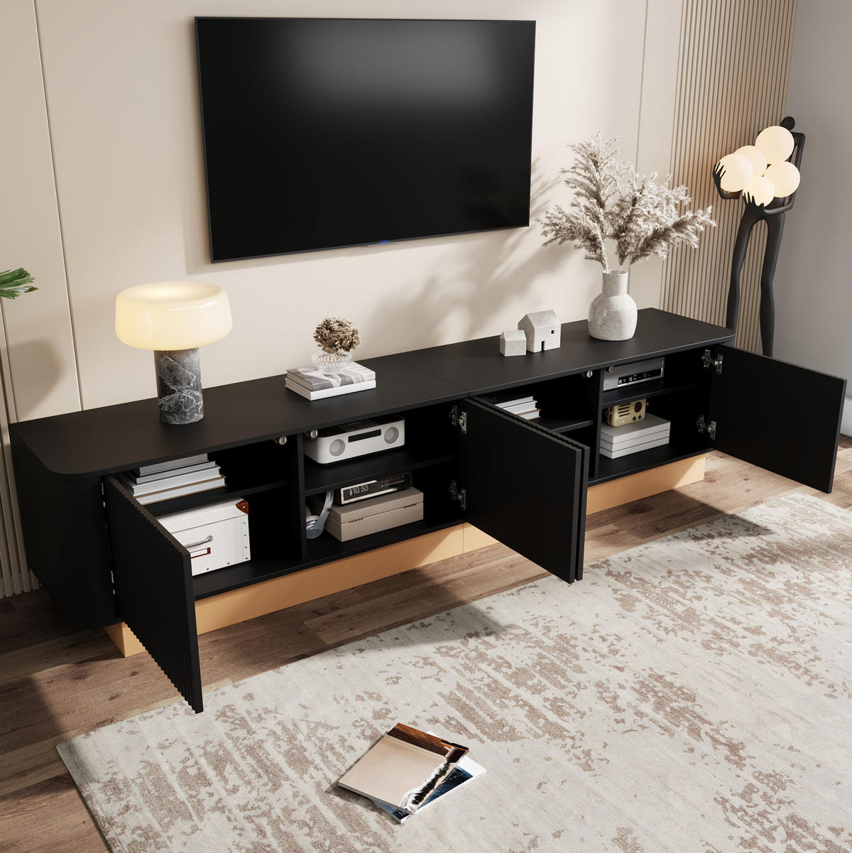 TV-LOWBOARD mit 4 Türen 200 x 40 cm MDF Schwarz - Schwarz, Holzwerkstoff (40/47.5/200cm) - Beauniv