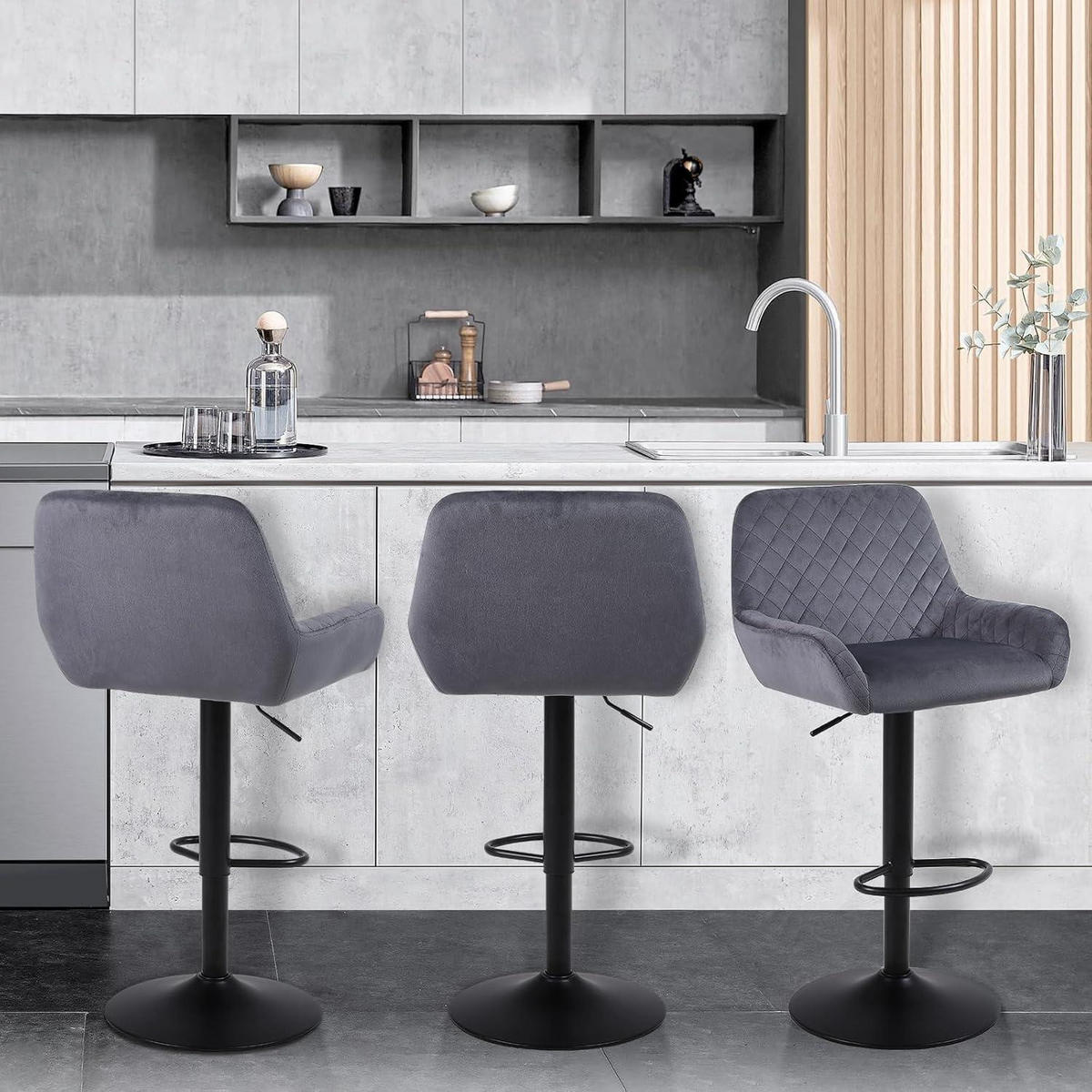 BARHOCKER 1er Set Samt Grau Höhenverstellbar Drehbar mit Rückenlehne - Grau, Textil (51/110/38cm)
