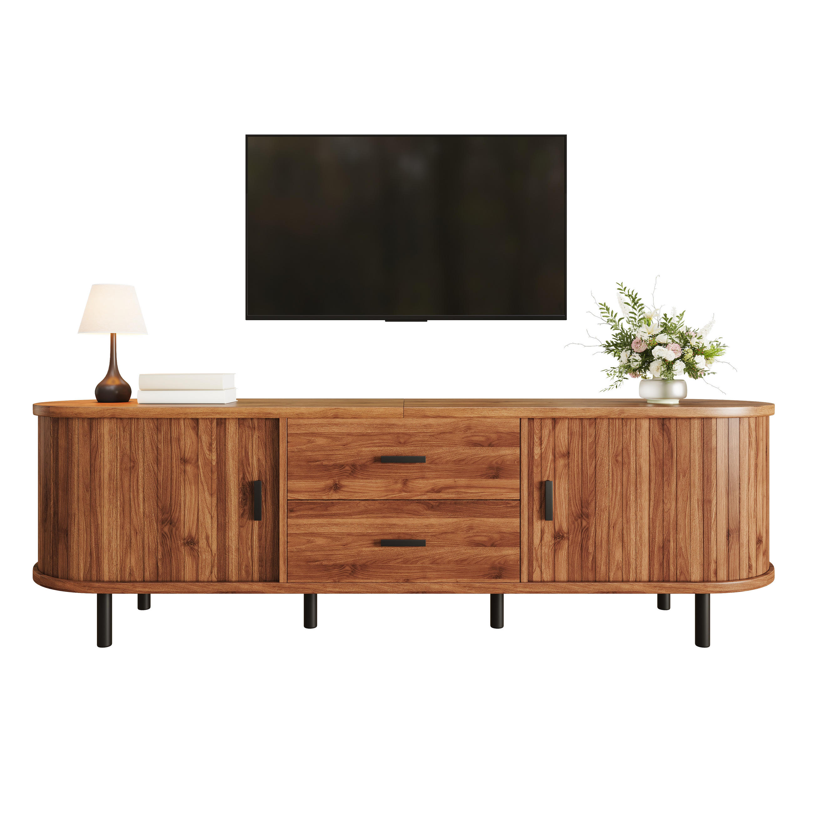 TV-LOWBOARD 160 x 40 x 55 cm aus MDF, Schiebetüren, 2 Schubladen, Metallfüße, Walnuss - Walnussfarben, Holzwerkstoff (160/55/40cm)