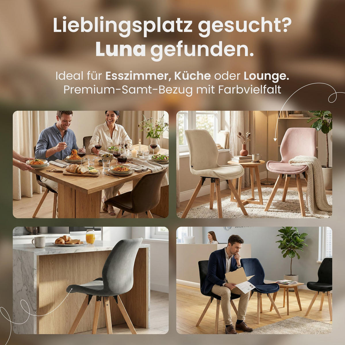 STUHL 4er Set Samt Grau - Eukalyptusholzfarben/Grau, Holz/Textil (49/87/58cm) - CLP