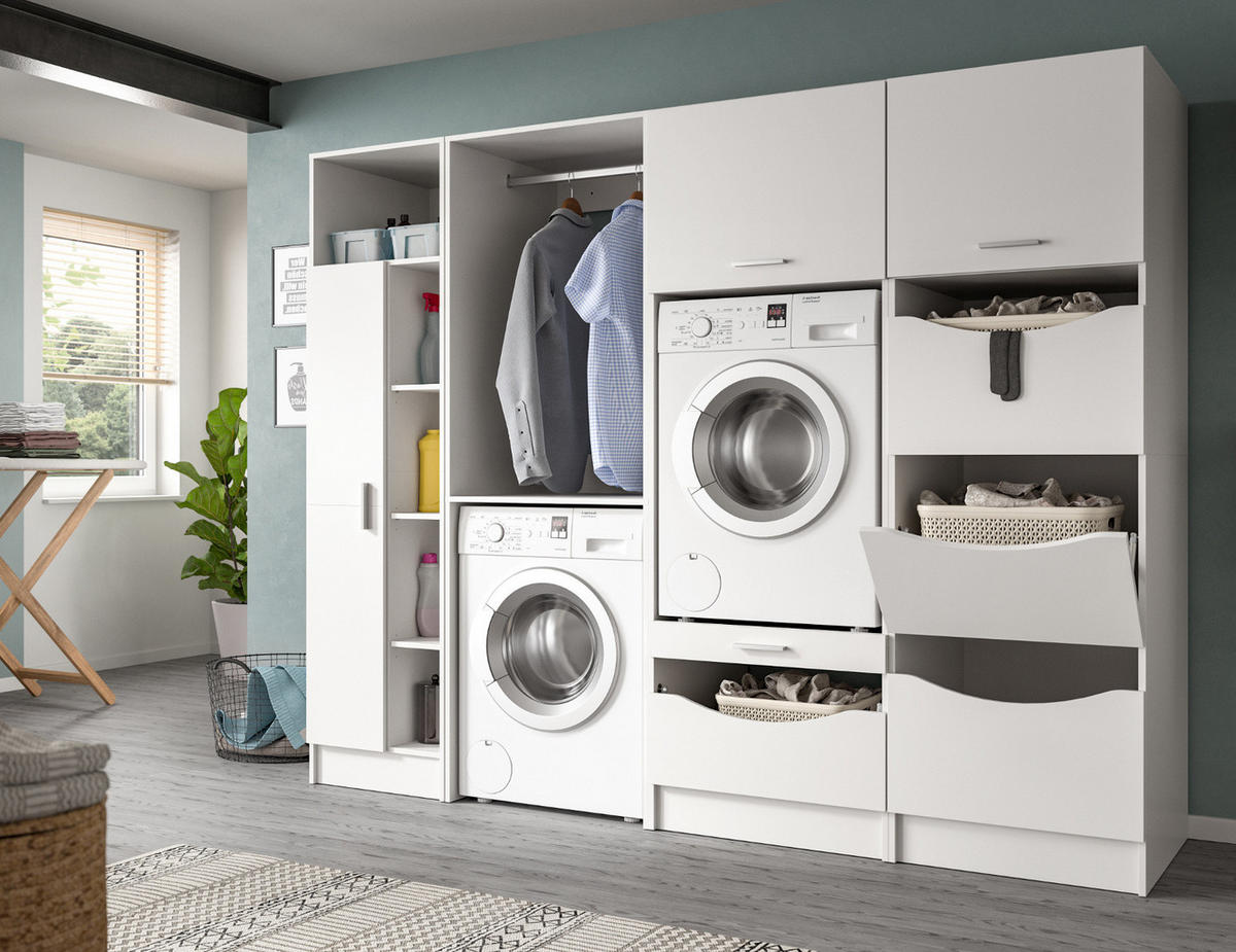 WASCHMASCHINENSCHRANK weiß Set 4-teilig 242 cm, Waschmaschinenumbau XXXL mit viel Stauraum - Silberfarben/Weiß, Glas/Holzwerkstoff (242/196/68cm) - Inn.Furn