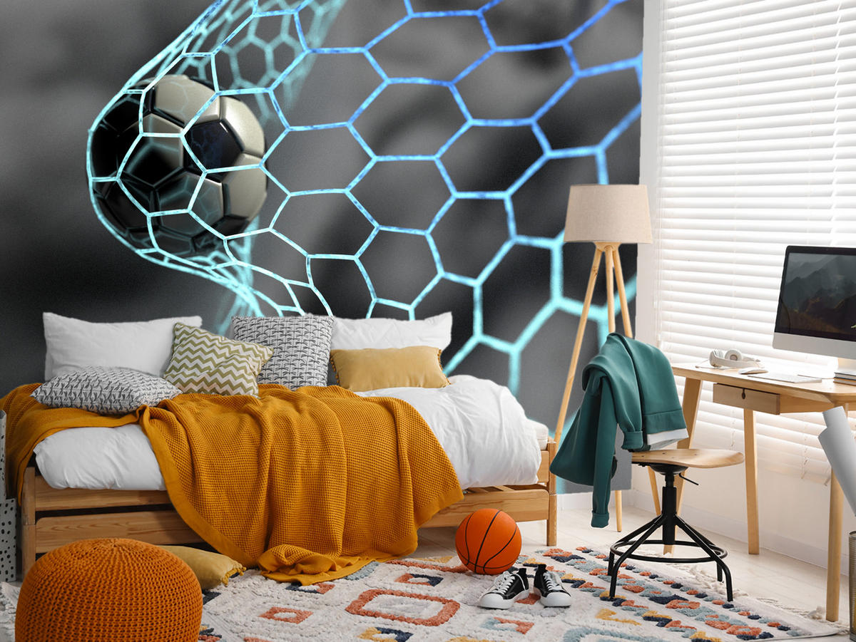 FOTOTAPETE für Jugendzimmer Fußball im Tor Ziel Sport Ball 250x175 - Schwarz/Weiß, Papier (250/175cm) - Muralo