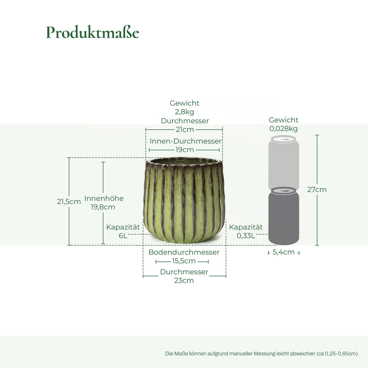 GRÜNER Keramik-Blumentopf, Durchmesser 21 cm, Höhe 21,5 cm - Grün, Keramik (21cm) - Hometopia