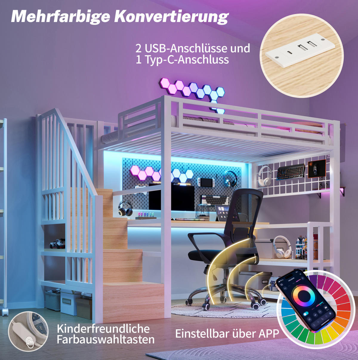 HOCHBETT 90/200 cm in Weiß mit Schreibtisch, Stauraum und LED-Beleuchtung - Weiß, Metall (90/200cm) - Flora Grace