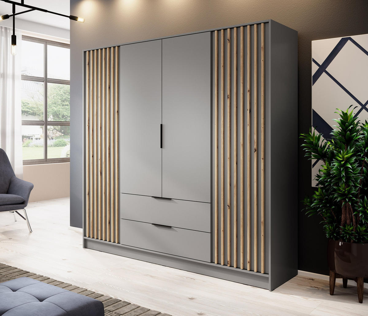 KLEIDERSCHRANK 200 cm Fioro - 4 Türen, Lamellen, Schubladen, Grau - Grau, Holz (205/200/51cm) - Emporius