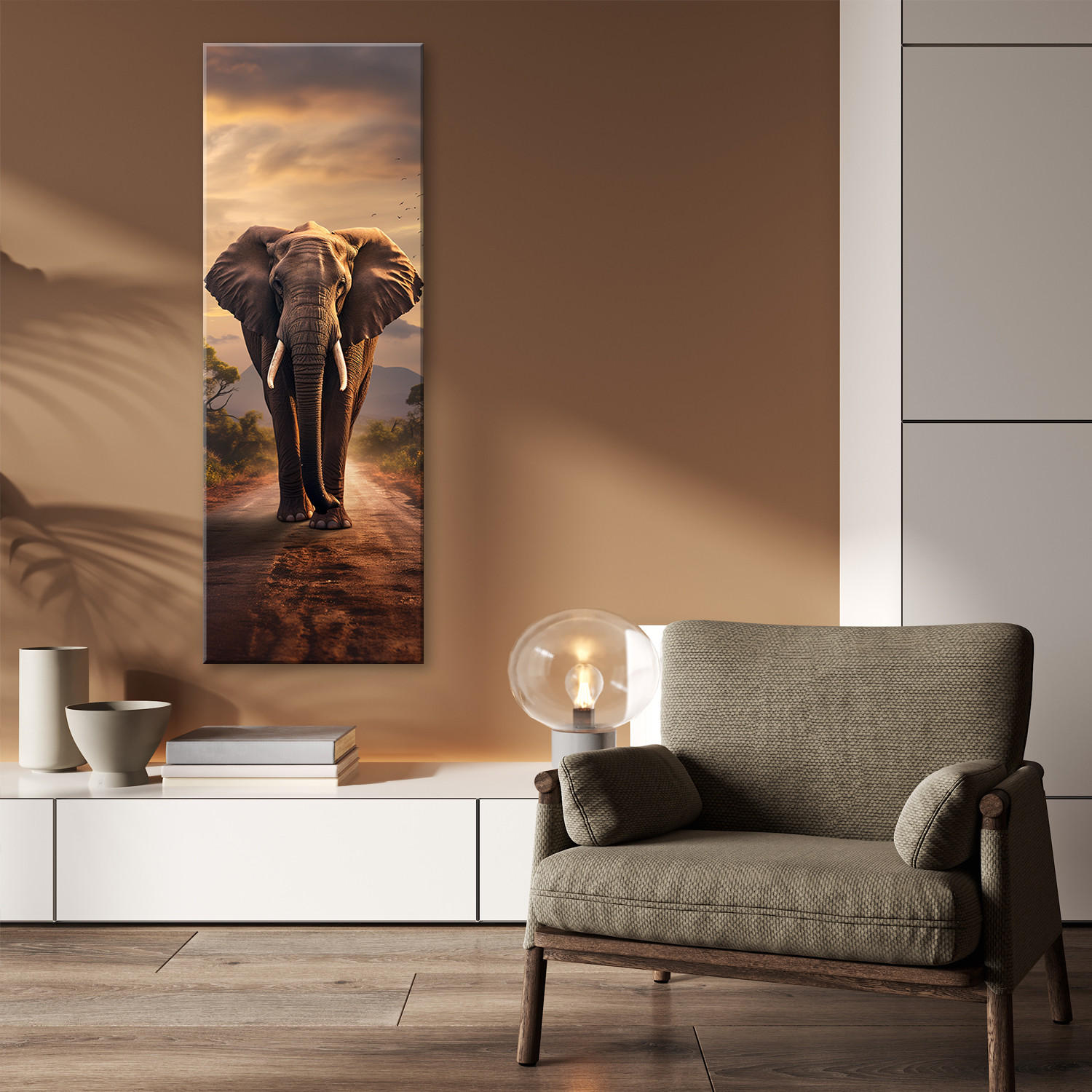 WANDBILD laufender elefant - Braun, Textil (30/90cm) - Feeby