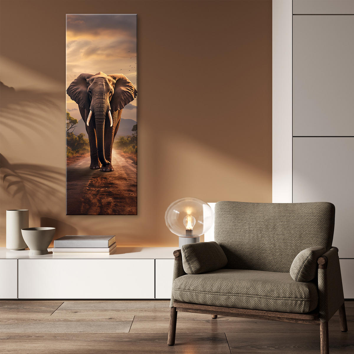 WANDBILD laufender elefant - Braun, Textil (30/90cm) - Feeby