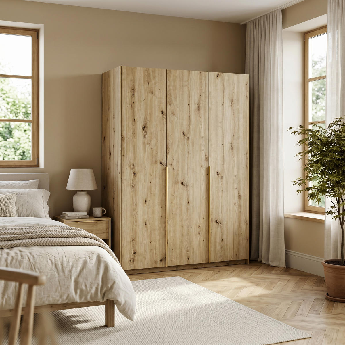 DREHTÜRENSCHRANK AMARA 148/204/58cm 3-türig Eiche Artisan - Goldfarben/Eiche Artisan, Holzwerkstoff (148/204/58cm) - MASSENO