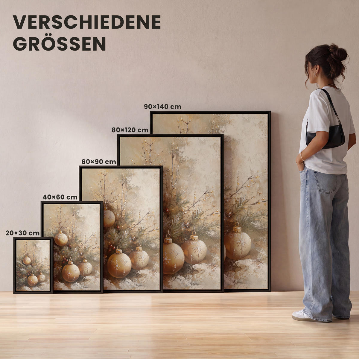 LEINWAND Bilder mit Rahmen - Weihnachten - Kugeln - Beige - Gold - 100x150 - Goldfarben, Textil (100/150cm) - MuchoWow
