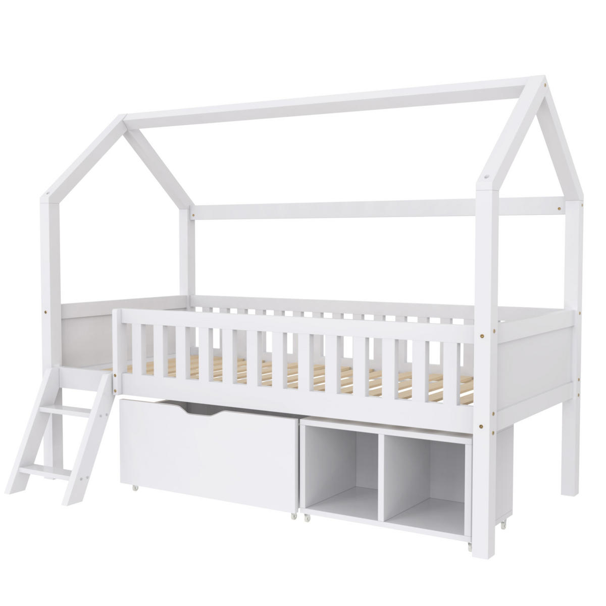 HAUSBETT 90/200 cm Weiß mit Schubladen und Anti-Drop-Geländer - Weiß, Holz (90/200cm) - OKWISH