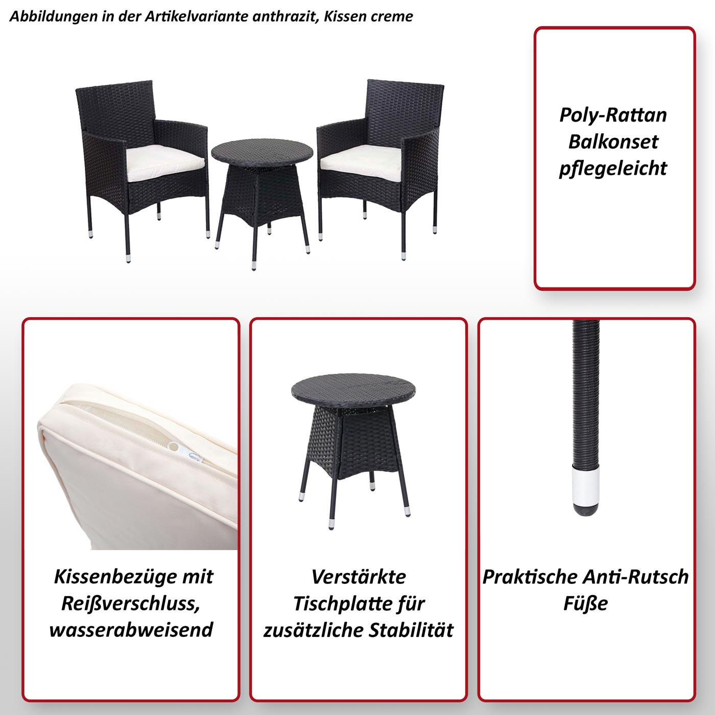 POLY-RATTAN BALKONSET Grau, Cremeweiß 3-teilig-Set - Weiß/Grau, Kunststoff - MCW