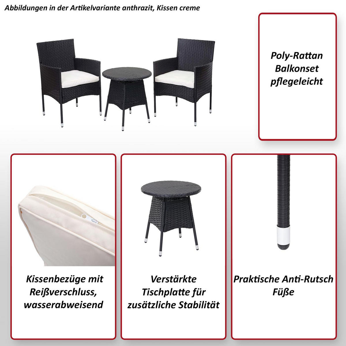 POLY-RATTAN BALKONSET Grau, Cremeweiß 3-teilig-Set - Weiß/Grau, Kunststoff - MCW