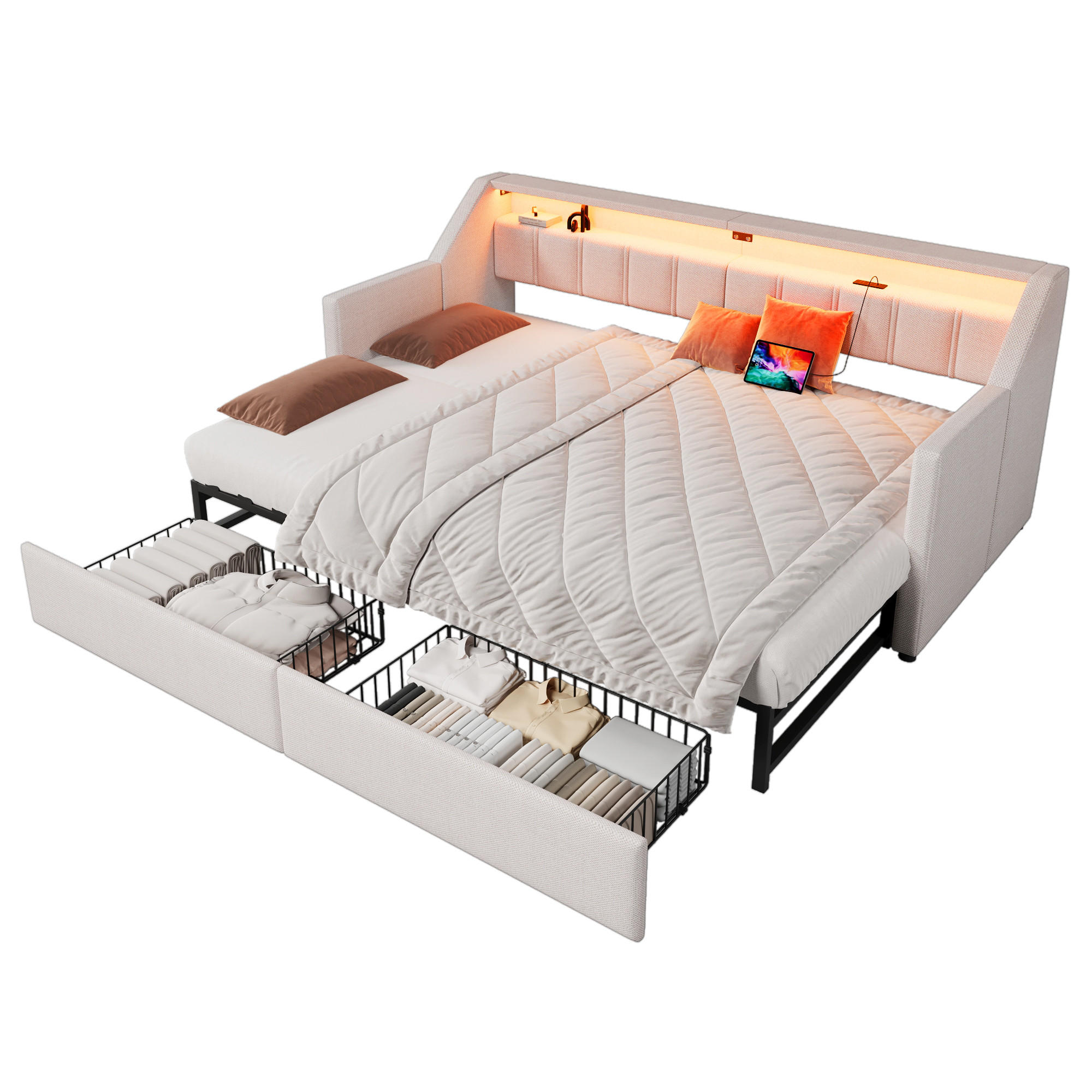 TAGEBETT 90x200cm Beige USB-C LED-Leiste 2 Schubladen Ausziehbett - Beige, Holz (90/200cm) - FLIEKS
