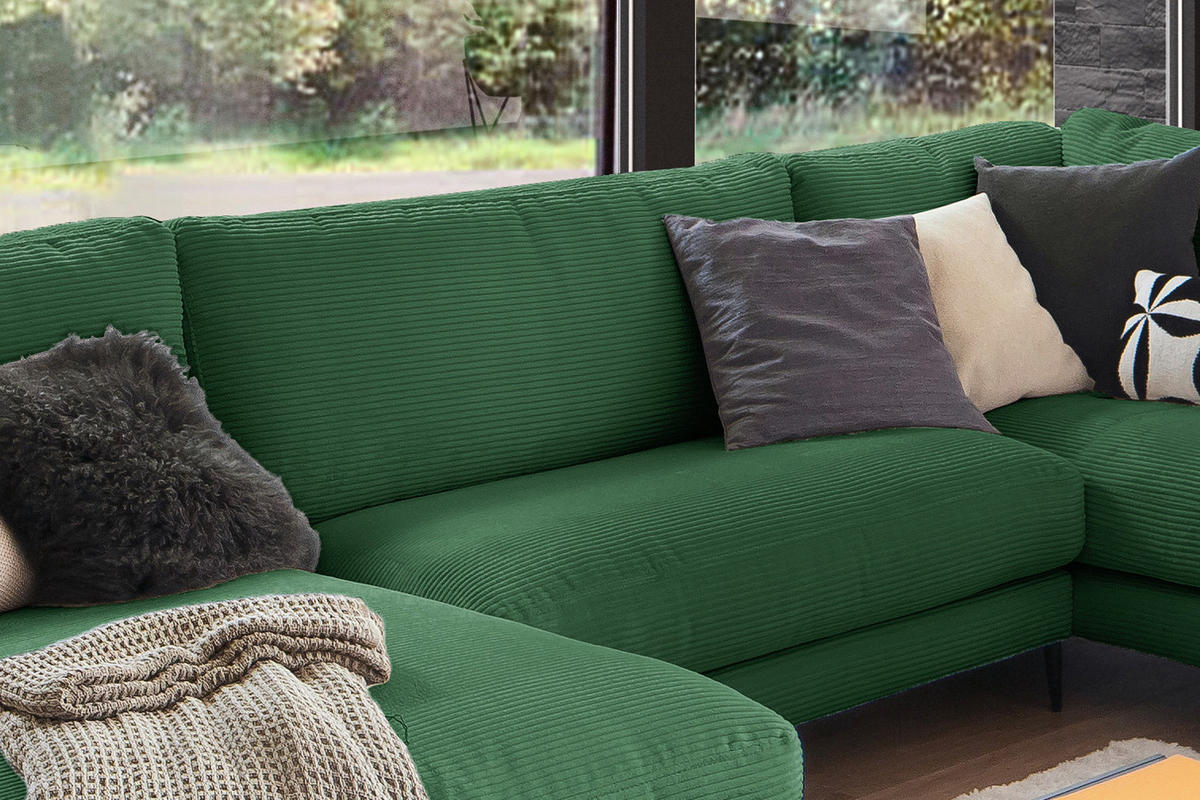 WOHNLANDSCHAFT CARA Smaragdgrün Cord - Smaragdgrün/Schwarz, Textil (341/84/223cm) - KAWOLA