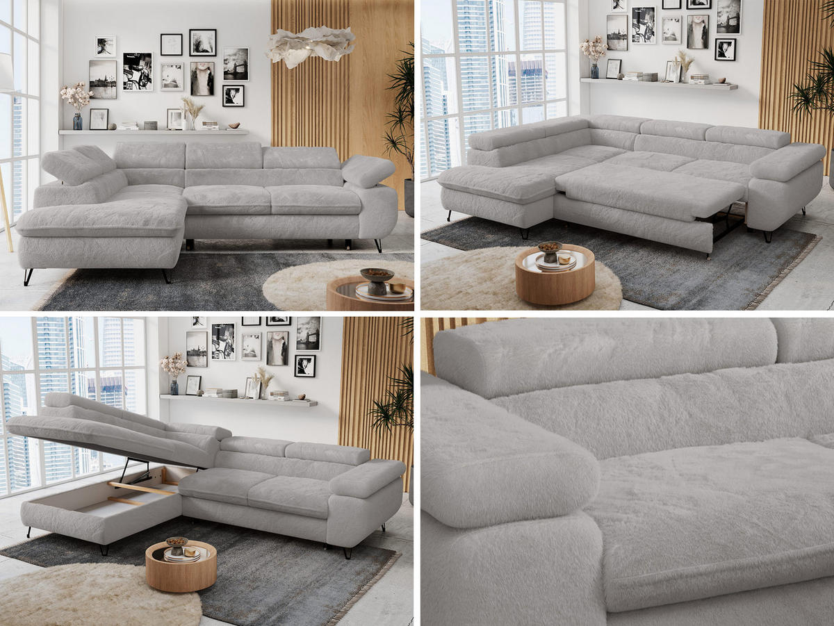 ECKSOFA PETER L Hellgrau Plüsch - Links Seite - Hellgrau/Schwarz, Textil/Metall (208/273cm) - MKS