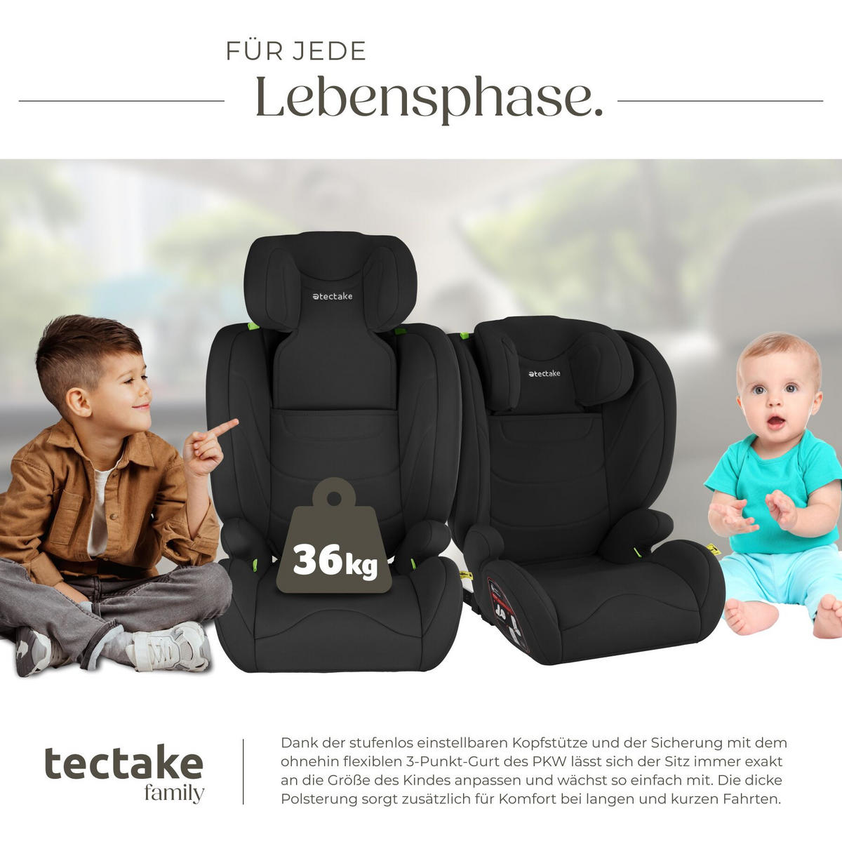 AUTOSITZ Levi, von 100 bis 150 cm, Belastbarkeit 36 kg, schwarz - Schwarz, Kunststoff (48/81/45cm) - tectake