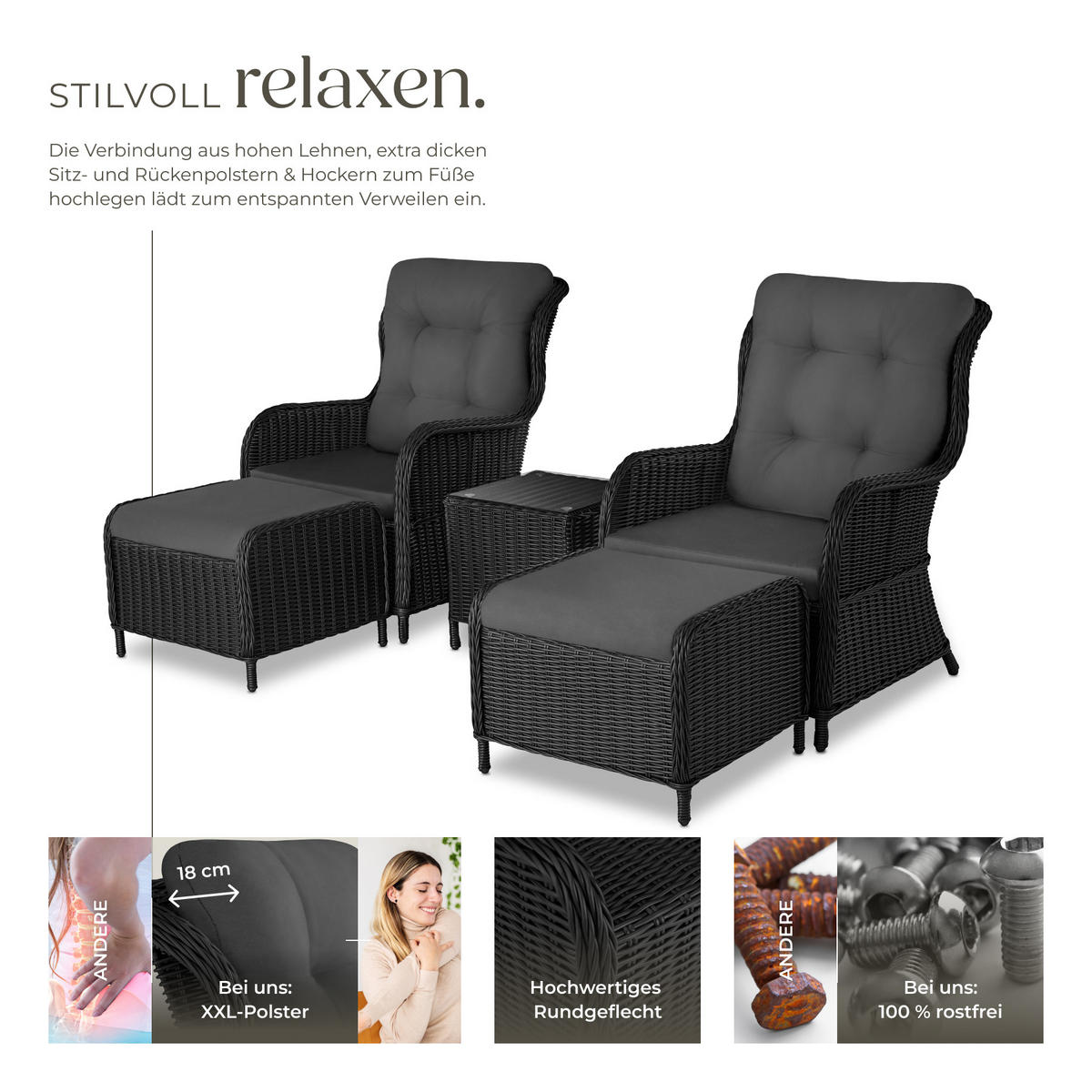 RATTAN SITZGRUPPE Benissa,mit Sicherheitsglasplatte,schwarz/grau - Schwarz/Grau, Kunststoff - tectake