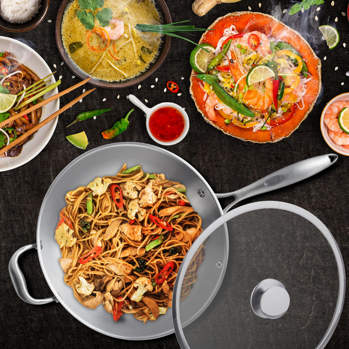 EDELSTAHL-WOK - Silberfarben, Glas/Metall (32/60/16cm) - Relaxdays