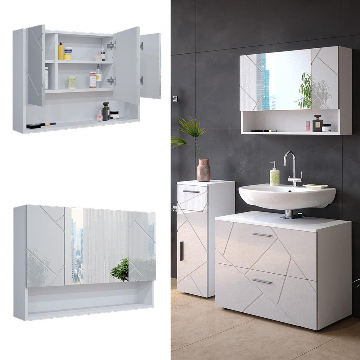 BADSPIEGELSCHRANK Irma Weiß Hochglanz 80.1 x 55 cm - Weiß Hochglanz, Holzwerkstoff (80.1/55/17cm) - Vicco