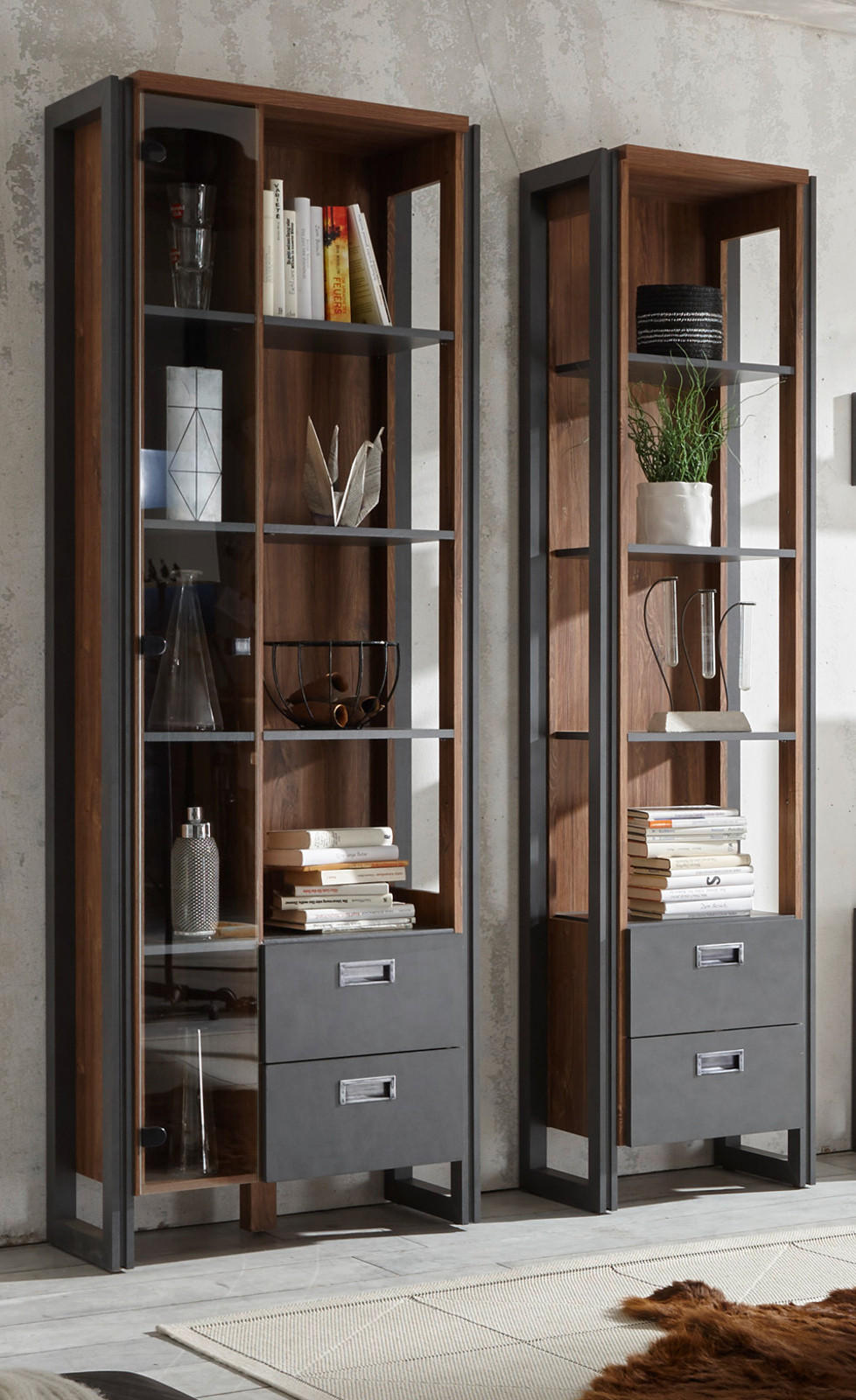 VITRINE Eiche Stirling, Matera grau, Regalschrank 70 x 202 cm Bücherregal - Eichefarben/Grau, Holzwerkstoff/Metall (70/202/33cm) - Furn.Design
