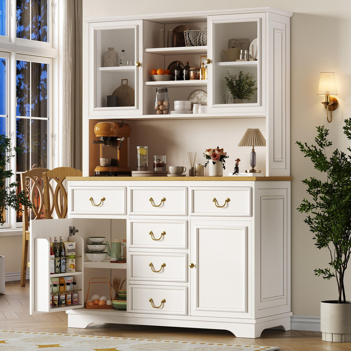 HIGHBOARD in Weiß Küchenschrank mit LED-Lichtleiste und Schubladen für Küche und Wohnzimmer, B118/T39.5/H180 cm - Weiß, Glas/Holzwerkstoff (118/180/39.5cm) - STILVORA