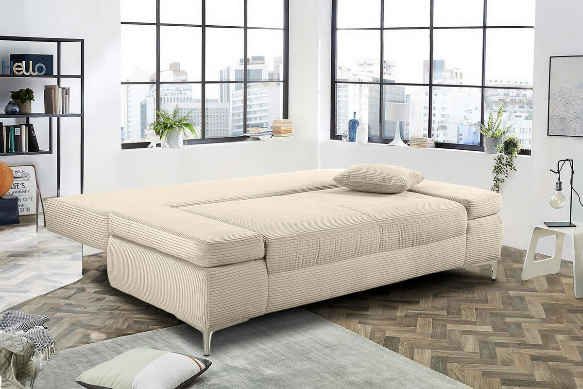SCHLAFSOFA mit Bettkasten, Federkern, Armlehnen verstellbar B202/T103/H89 cm, Liegefläche 144x198 cm, Cord Beige Grau / 15203 - Chromfarben/Greige, Textil/Metall (202/89/103cm) - luma-home