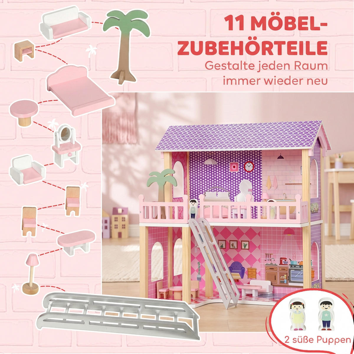 PUPPENHAUS MDF Kiefernholz Rosa - Rosa, Holzwerkstoff (40/69/64cm) - AIYAPLAY