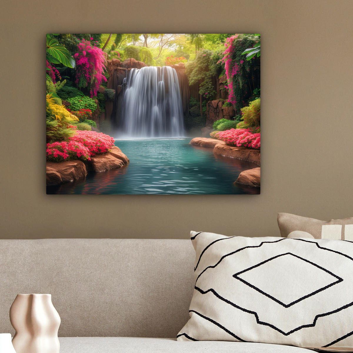 LEINWANDBILD Wasserfall - Natur - Pflanzen - Dschungel - Wasser 40x30 cm - Grün, Textil (40/30cm) - MuchoWow