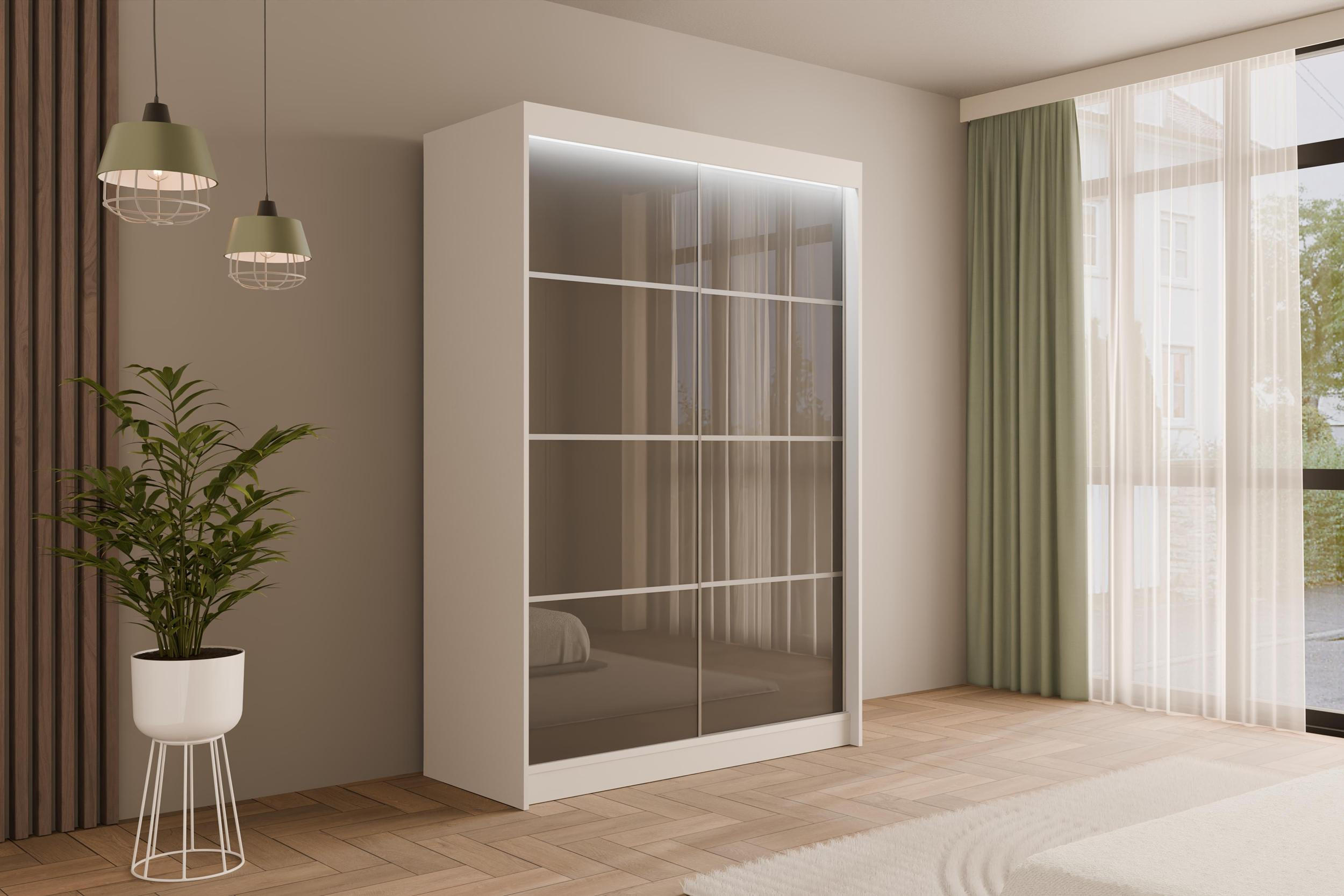 KLEIDERSCHRANK PEKA III mit LED - 150 cm - Weiß|Grau - Weiß/Grau, Holzwerkstoff (150/215/61cm) - ALTDECOR