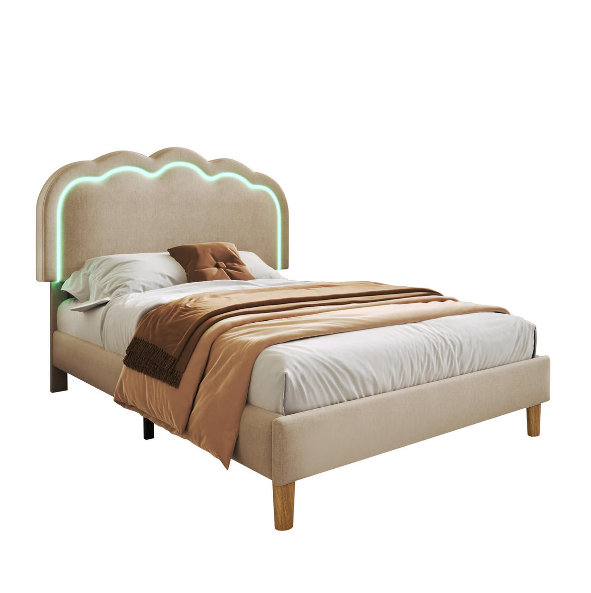 POLSTERBETT 90/200 cm aus Leinen mit LED-Kopfteil Beige - Beige, Textil (90/200cm) - Modenvie