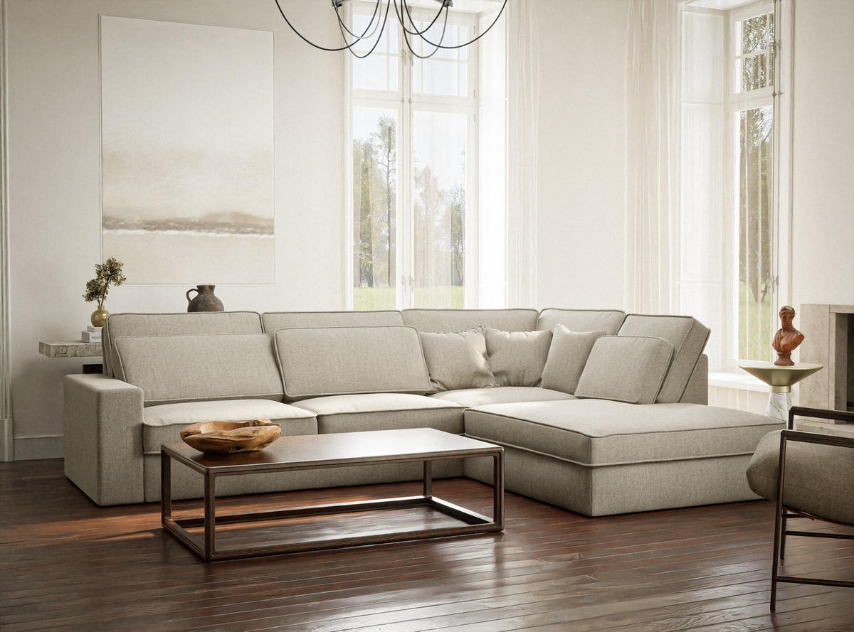 ECKSOFA Kirou Beige Webstoff - Rechts Seite - Beige/Schwarz, Holz/Holzwerkstoff (225/311cm) - Maison de Reve