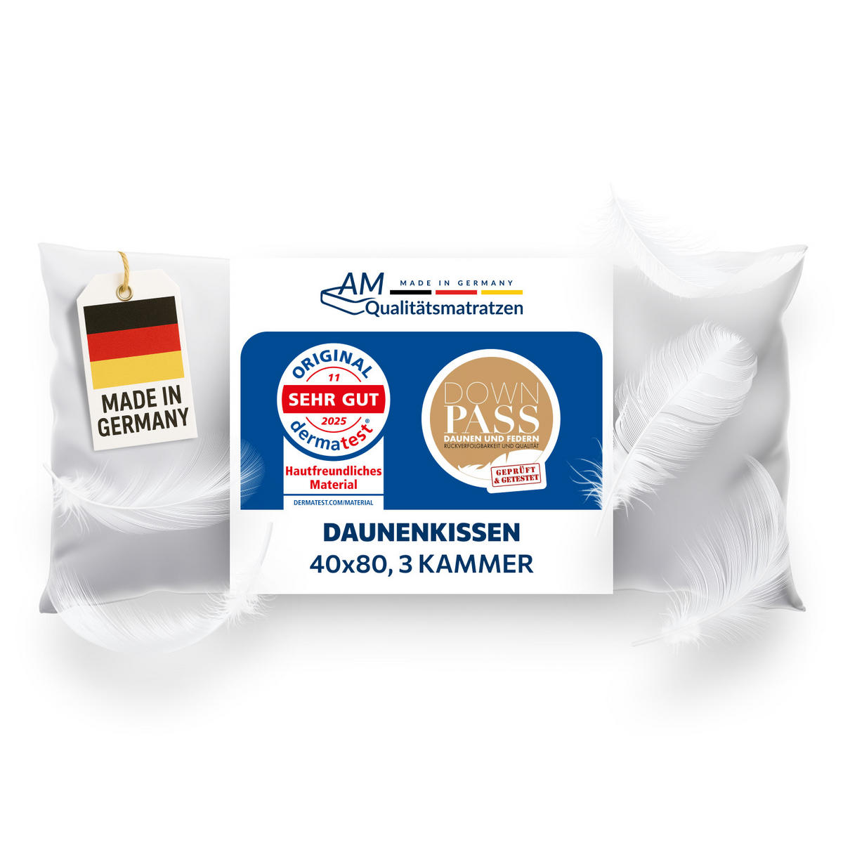 DAUNENKISSEN 40x80 im 3-Kammer-System Made in Germany & DOWNPASS Zertfiziert - Weiß, Textil (40/80cm) - AM Qualitätsmatratzen