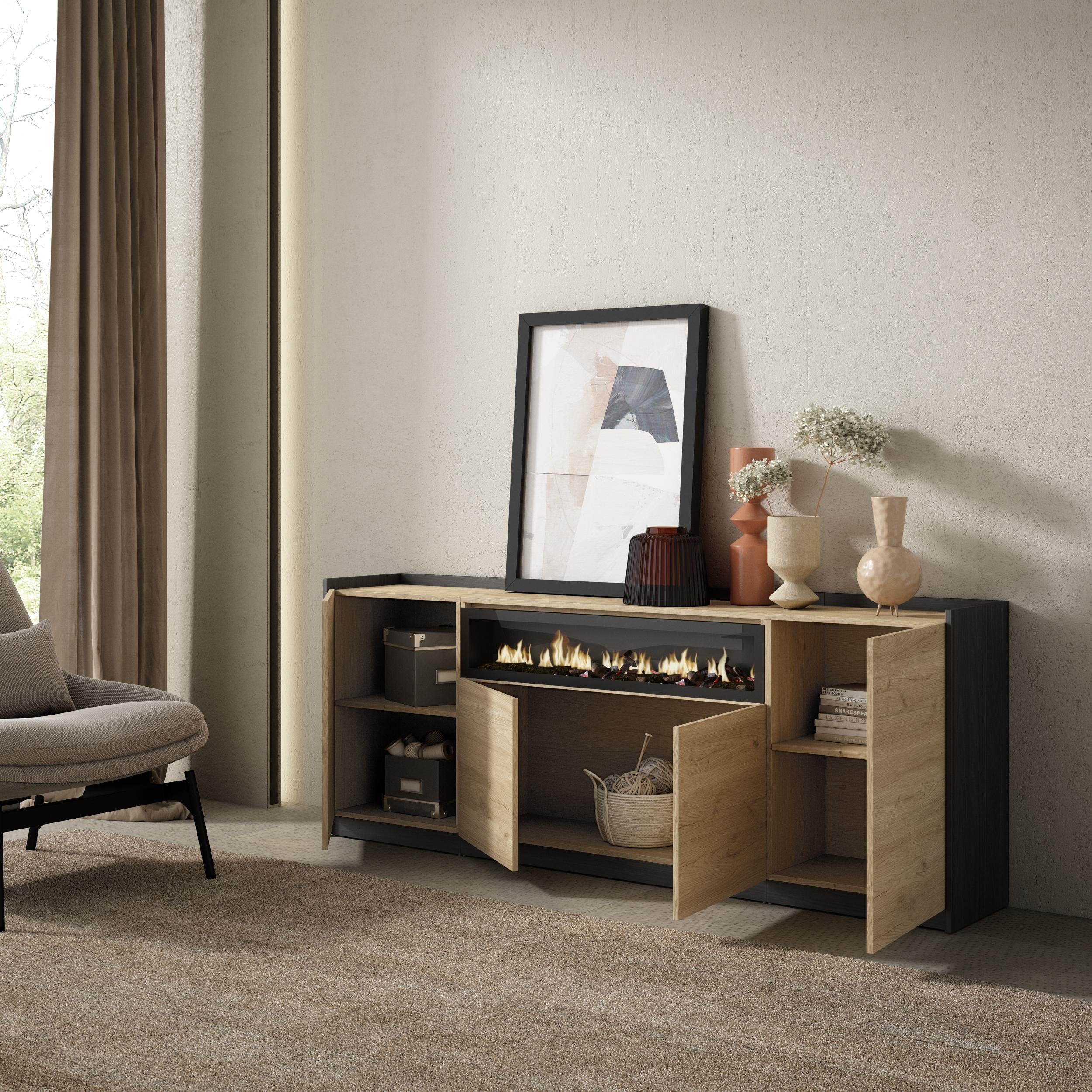 SIDEBOARD, Highboard, Eiche Schwarz, Elektrokamin, 207/37/80cm - Eichefarben, Holzwerkstoff (207/80/37cm) - Skraut Home