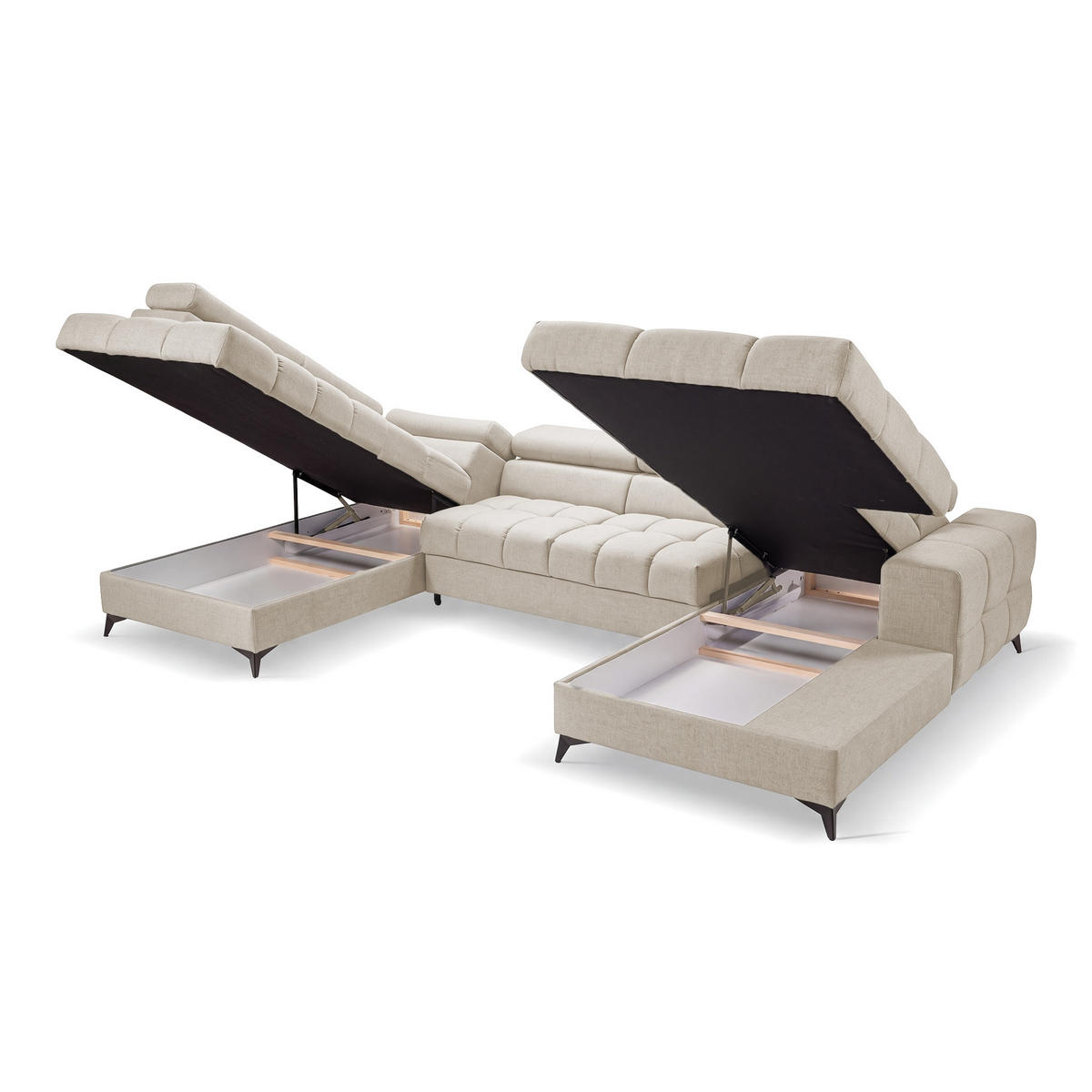 ECKSOFA PUDDING U Rechts mit Schlaffunktion 125x260 Velours Creme - Creme/Schwarz, Holz/Textil (350/203cm) - Muffo