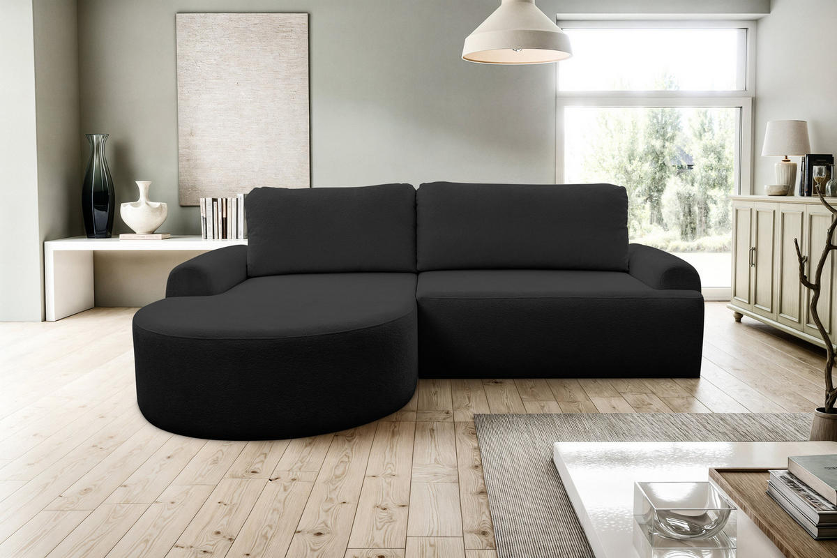 ECKSOFA Dream in L-Form mit Schlaffunktion und Bettkasten, Farbe: Schwarz, Bouclé-Stoff, Ottomane Links - Schwarz, Textil (136/260cm) - VENASI MÖBEL