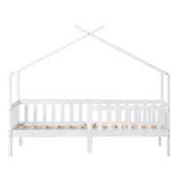 HAUSBETT 90/200 cm in Weiß – mit Satteldach, Zaun und Liegefläche 90/200 cm - Weiß, Holz (90/200cm) - BEAOK