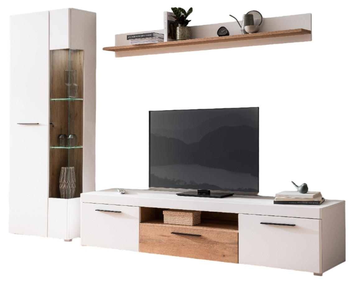 WOHNWAND weiß matt, Evoke Eiche, Wohnkombination 3-teilig, Soft-Close-Funktion - Eichefarben/Silberfarben, Glas/Holz (287/200/45cm) - Furn.Design