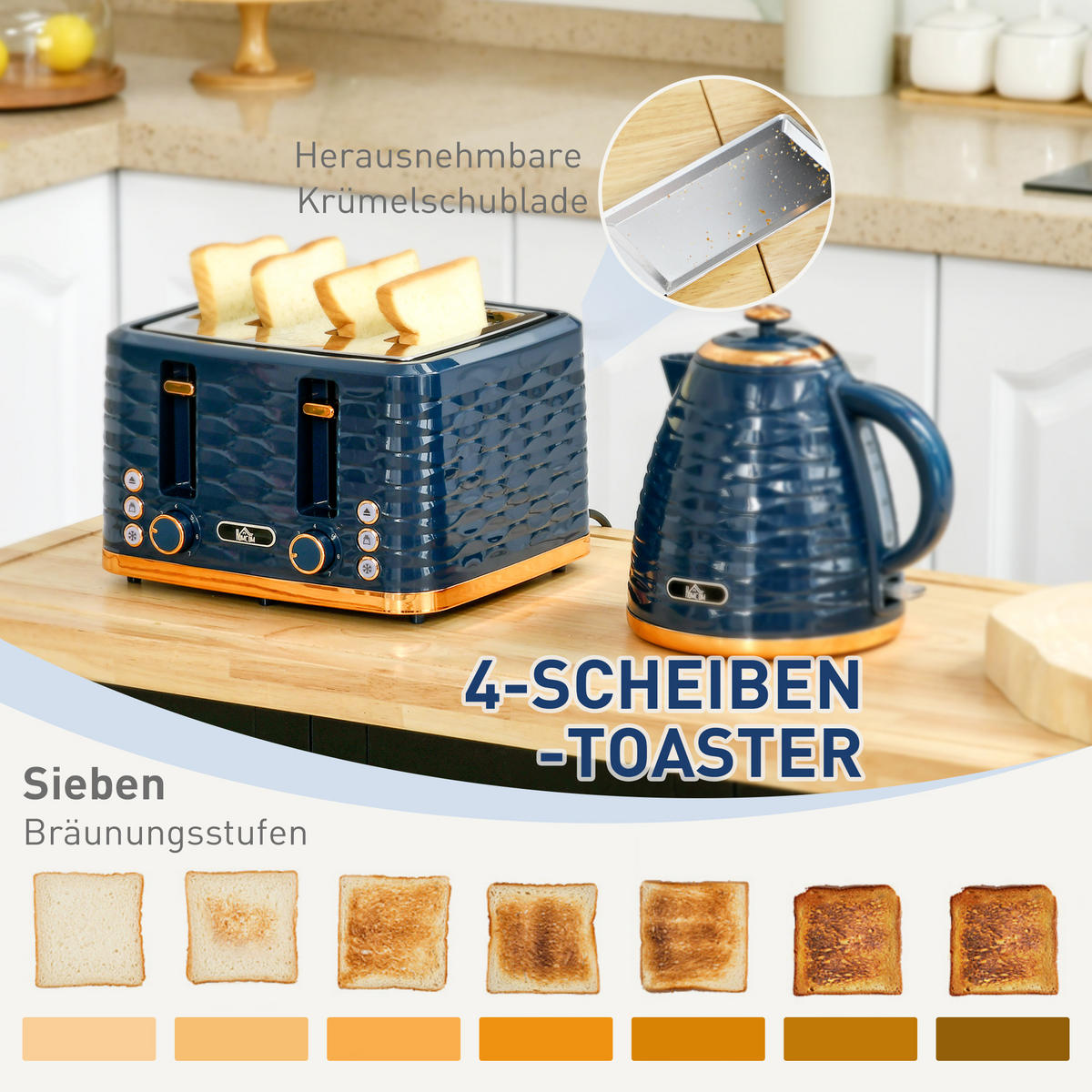 WASSERKOCHER-TOASTER-SET mit 1,7 L Wasserkocher, 4 Scheiben-Toaster, Blau - Blau, Kunststoff (19.5/23.2/24.1cm) - HOMCOM