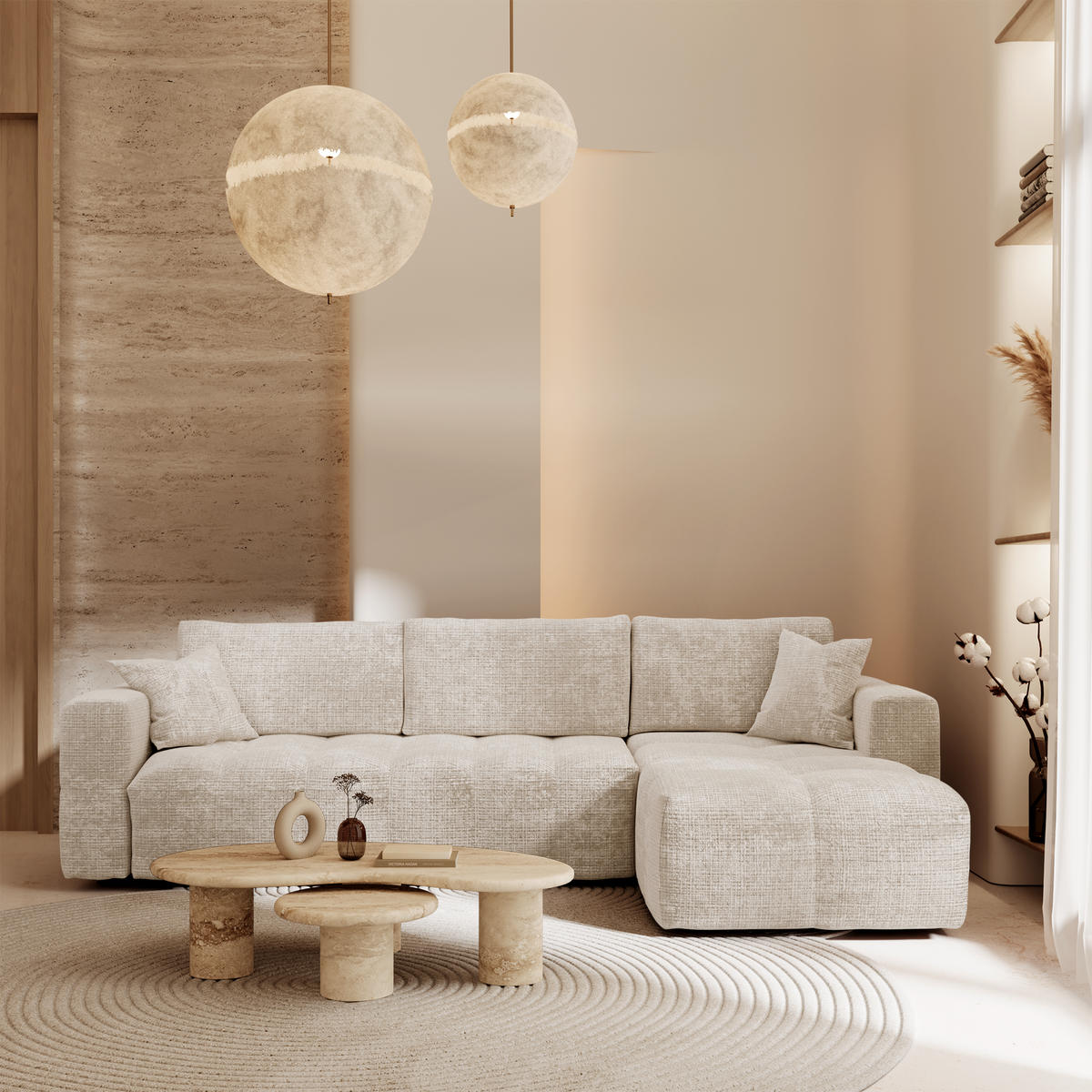 ECKSOFA rechtwinklig VIBE Geprägter Samt Creme 286cm - Creme, Textil (286/165cm) - Premium Interiors