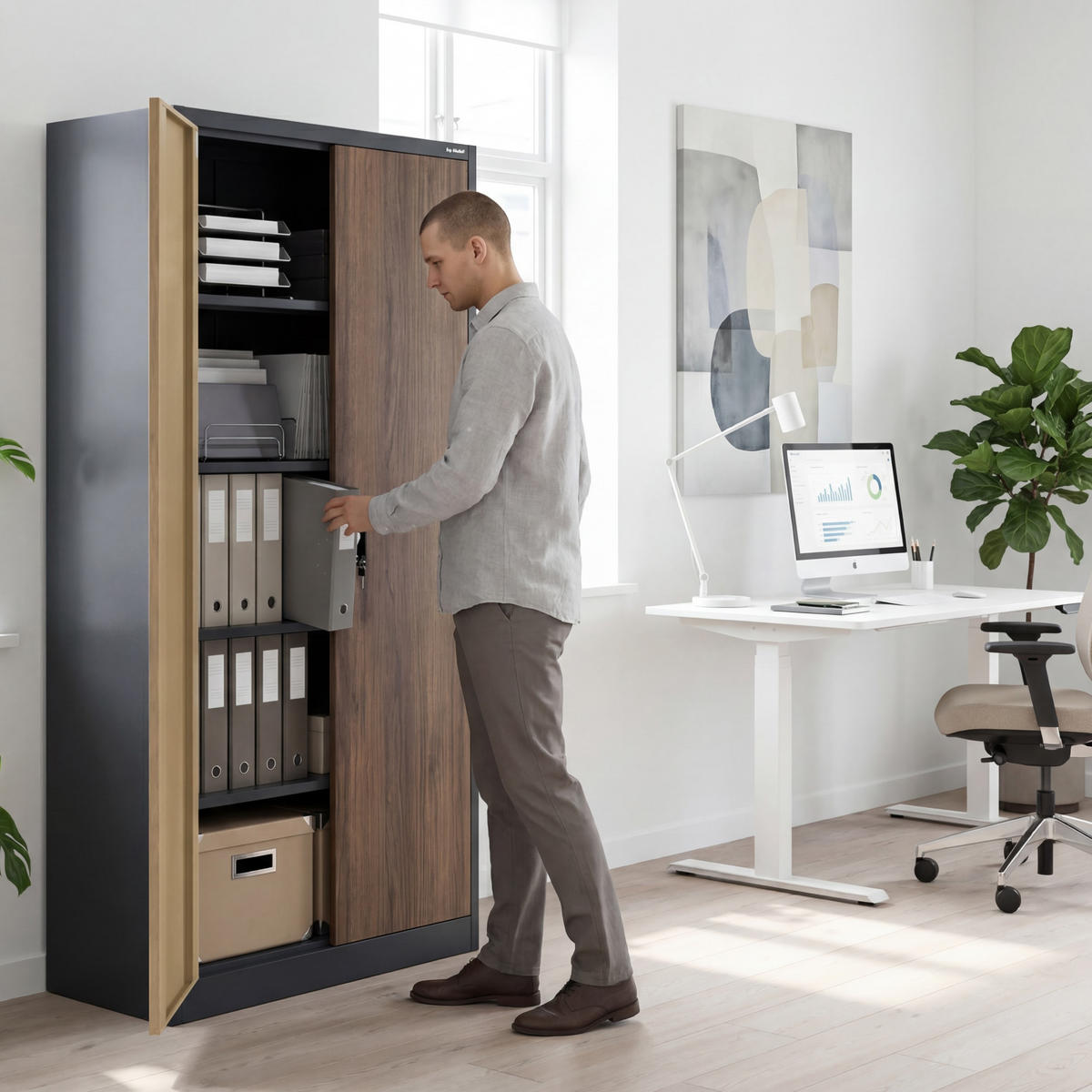 AKTENSCHRANK JAN 185x90x45 cm - Braun/Weiß, Metall (90/185/40cm) - Jan Nowak