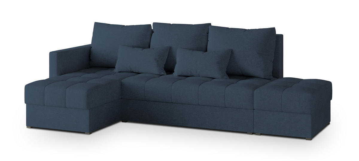 ECKSOFA LUMARI L-S Blau Plüsch-Stoff mit Schlaffunktion - Blau, Holz (262/143cm) - MASSENO