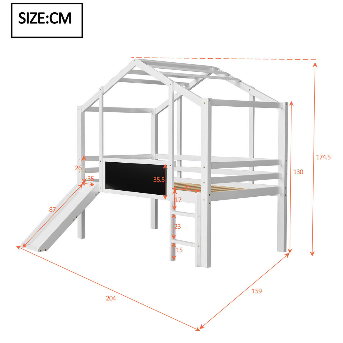 KINDERHOCHBETT 90/200 cm Weiß mit Rutsche und Tafel - Weiß, Holz (90/200cm) - MIVRAY