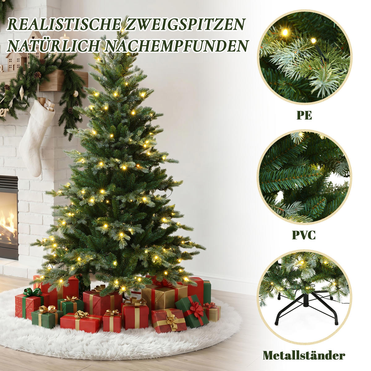 KÜNSTLICHER Weihnachtsbaum 150 cm mit Beleuchtung,8 Lichtmodi - Grün, Kunststoff (100/150/100cm) - Hometopia