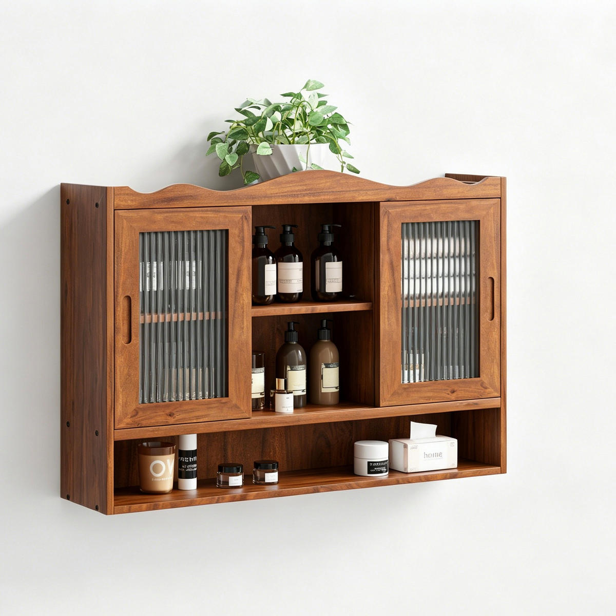 VÄGGSKÅP Brunt massivt trä & glas med skjutdörrar & 3 hyllplan - Brun, Glas (90/60/20cm) - Urban Meuble