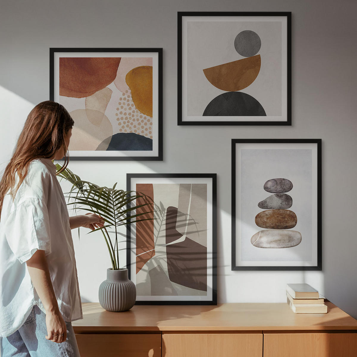 WANDBILDER 4er-Set - 50x50 cm & 40x60 cm Schwarzer Rahmen - Abstrakte Malerei Dekorationen - Schwarz, Kunststoff (50/50cm) - ArtPrintCave