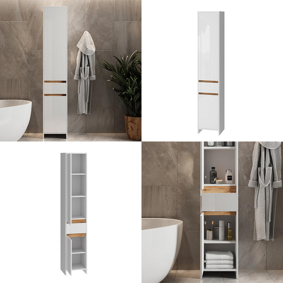 BADSCHRANK Detmold Weiß Hochglanz/Goldkraft Eiche 35 x 190 cm - Honigeiche/Weiß Hochglanz, Holzwerkstoff (35/190/35cm) - Vicco